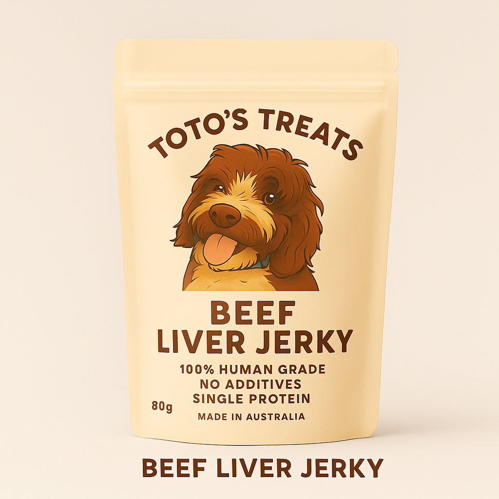Beef liver jerky dog treats in branded Toto's Treats resealable packet, 100% human-grade ingredients