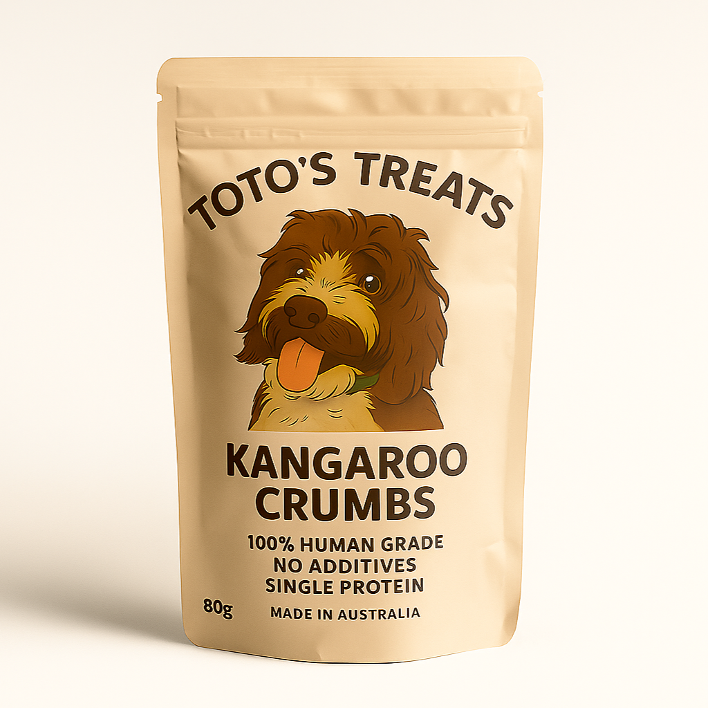 Kangaroo crumb dog treats in branded Toto's Treats resealable packet, lean protein snack for dogs